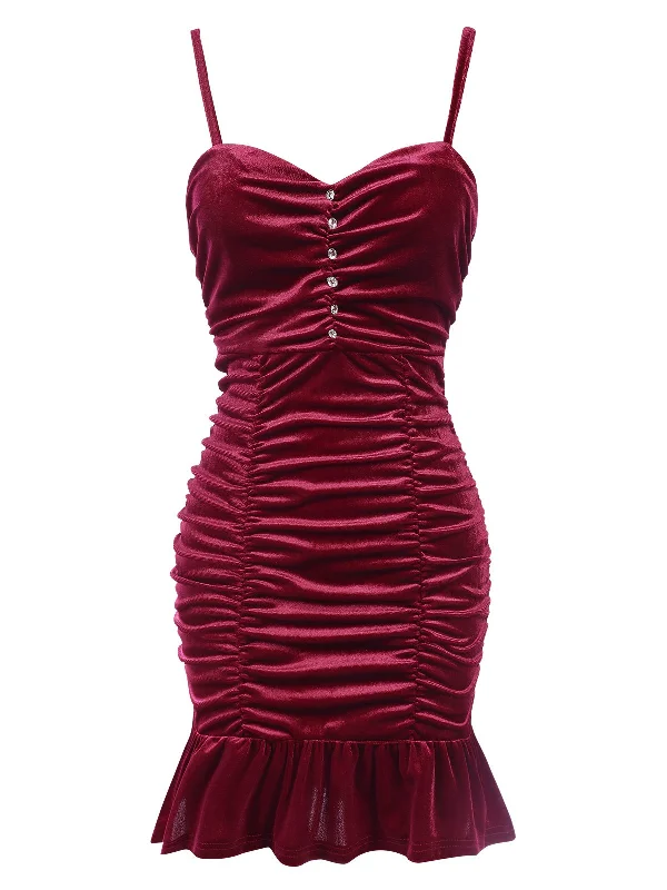 Wine Red 1930s Ruffled Hem Pleated Dress
