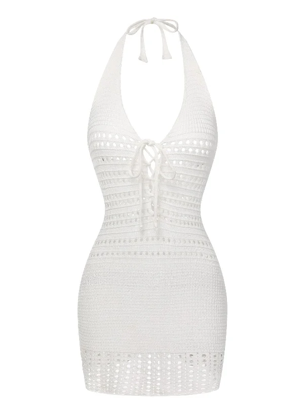 White 1960s Cross Lacing Crochet Dress