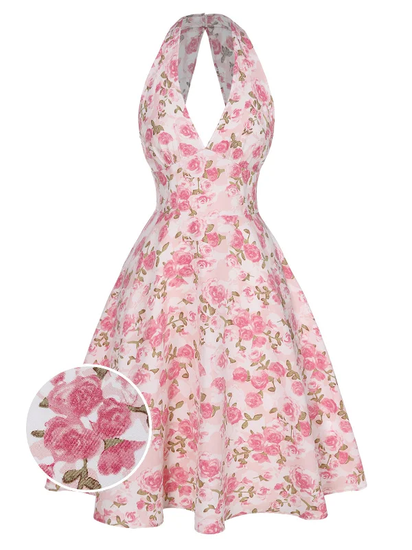 Pink 1950s Floral V-Neck Dress