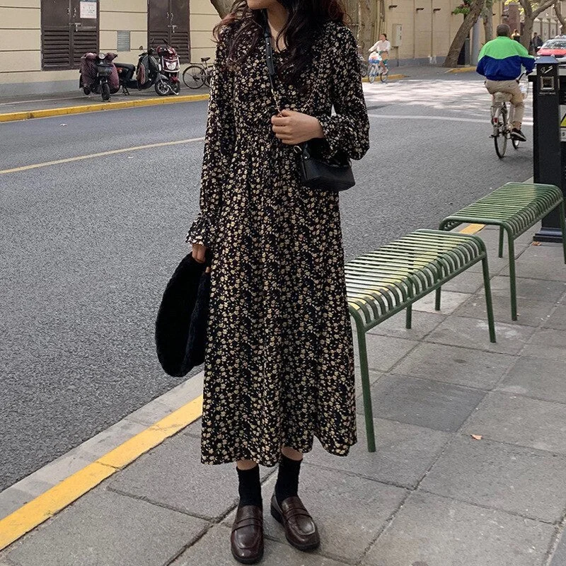 Long High Waist Collar Printed Floral Casual Dress