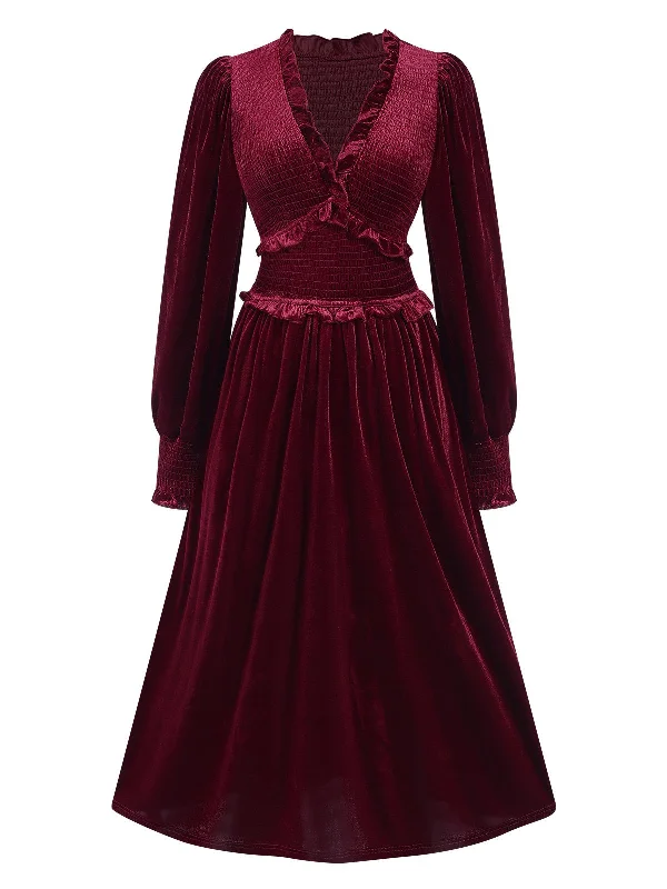 Wine Red 1940s Long Sleeves Velvet Ruched Dress
