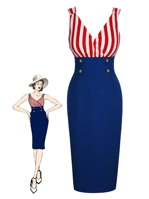 1960s V-Neck Red Blue Contrast Stripes Dress