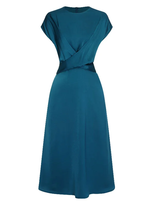 Blue 1940s Solid Irregular Waist Dress