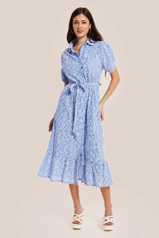 Liquorish Floral Embroidery Striped Blue Dress