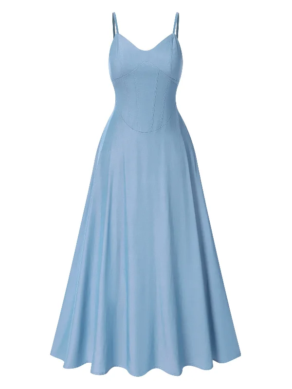 Light Blue 1930s Solid Straps Cotton Dress