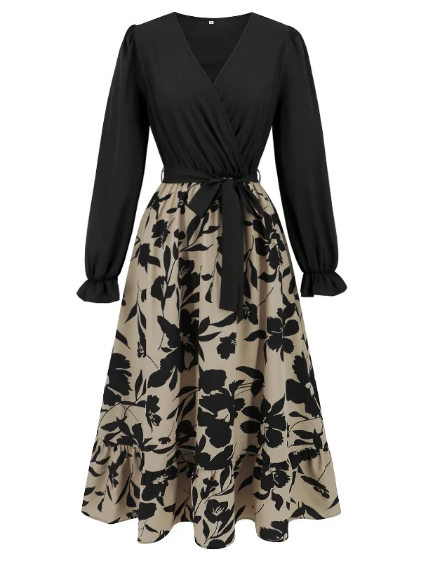 Black 1940s Floral Silhouette Long Sleeved Dress