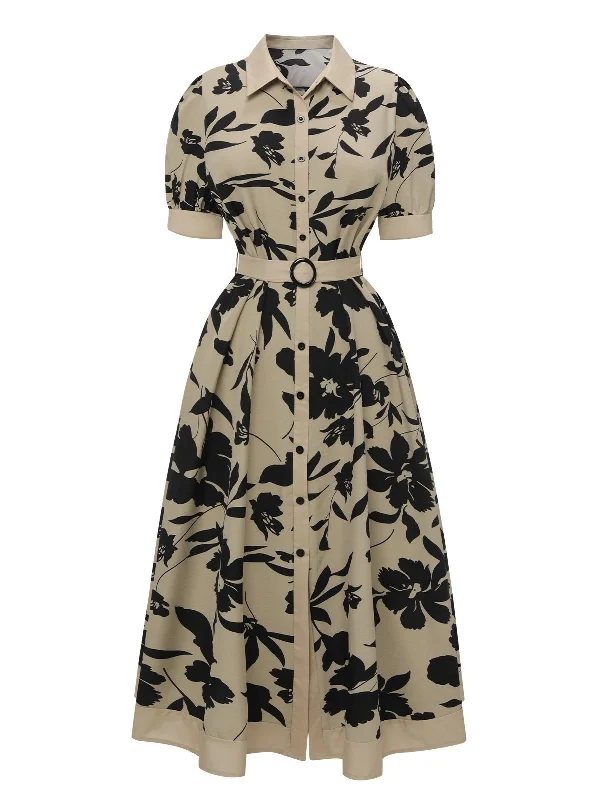 Beige 1940s Shirt-Collar Buttons Floral Printed Dress