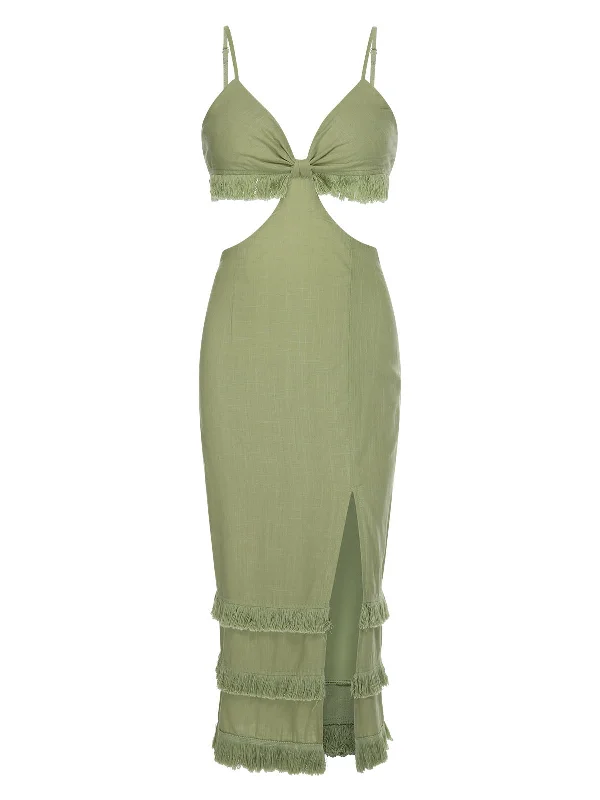 Green 1960s Solid Tassel Hem Suspender Dress