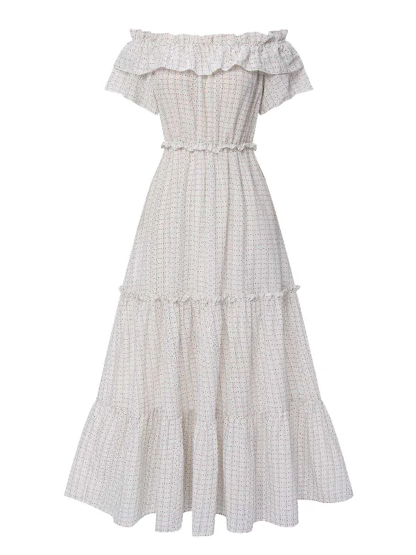 White 1940s Off-Shoulder Ditsy Floral Dress
