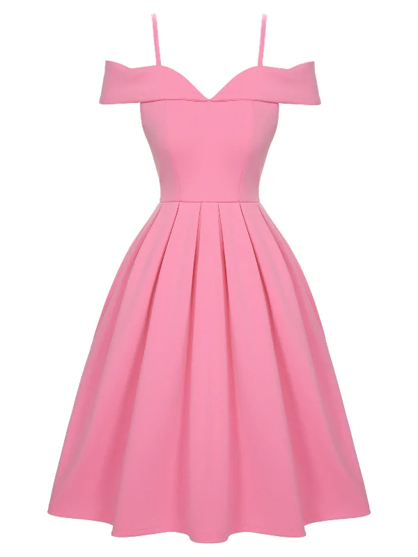 Pink 1950s Cold Shoulder Solid Dress