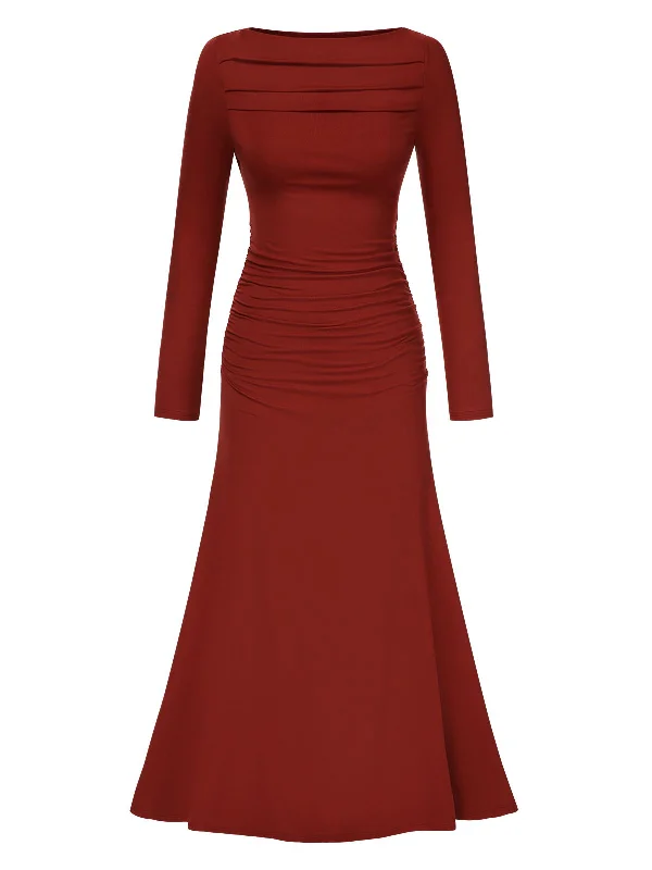 Wine Red 1930s Pleated Long Sleeve Solid Dress