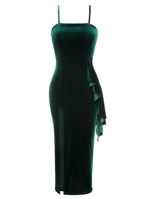 Green 1930s Spaghetti Strap Velvet Slit Dress