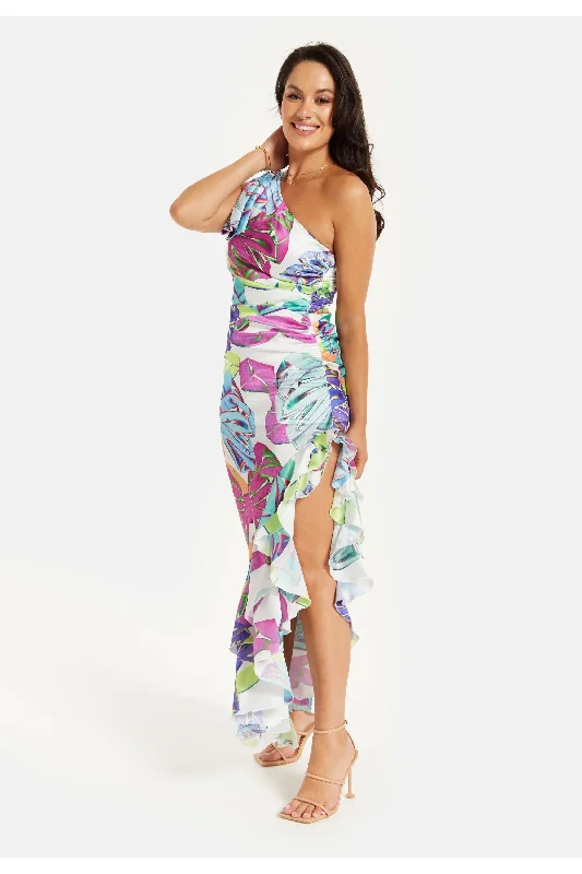 Liquorish Bow Printed One Shoulder Frill Dress