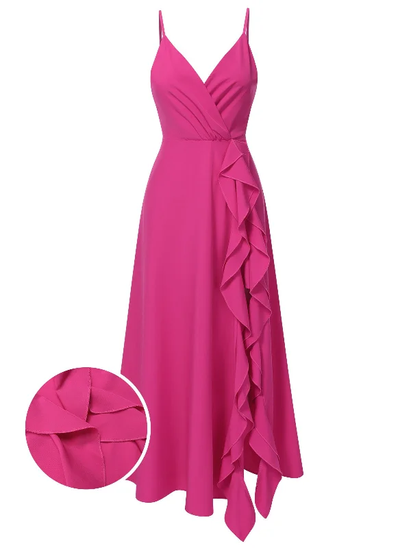 Pink 1930s V-Neck Ruffled Irregular Slit Dress