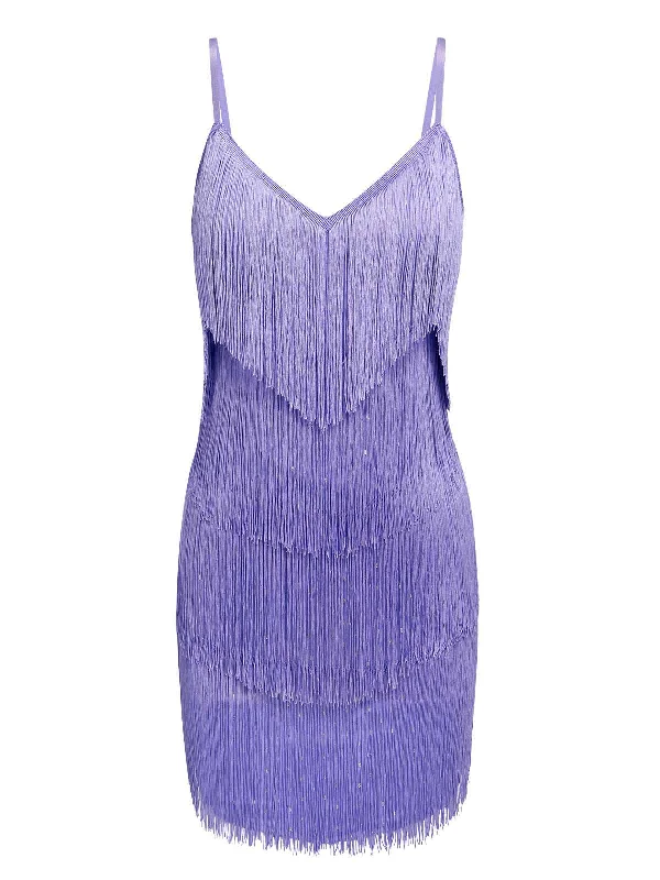 Purple 1960s Spaghetti Strap Fringe Dress