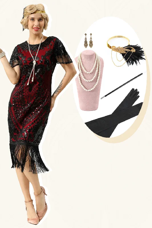 Black Red Sequins Fringed Cap Sleeves 1920s Dress with Accessories Set