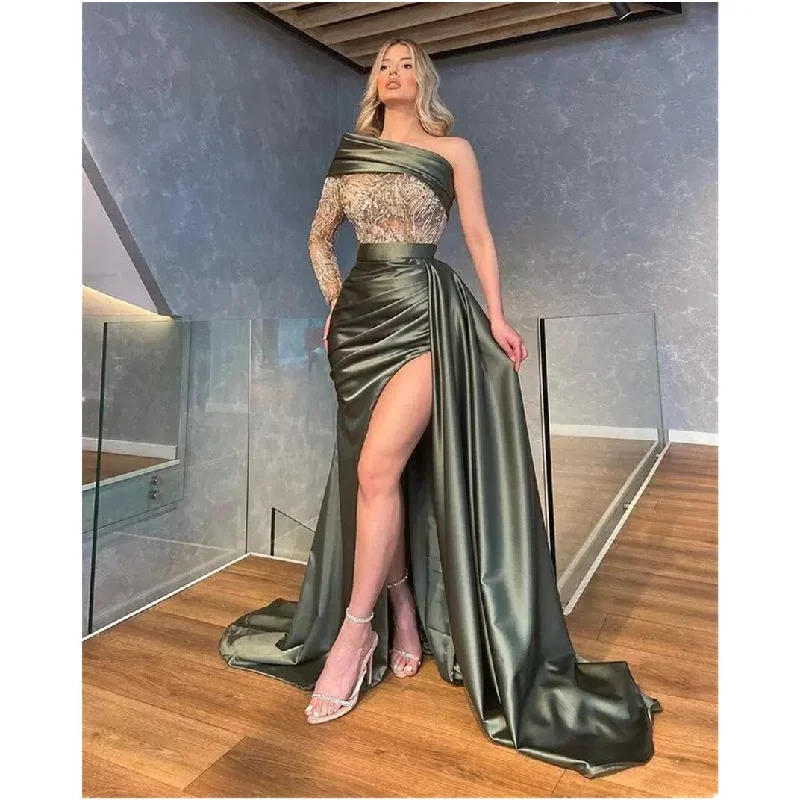 Unique Prom One Long Sleeve Mermaid Appliques Side Slit Evening Dress