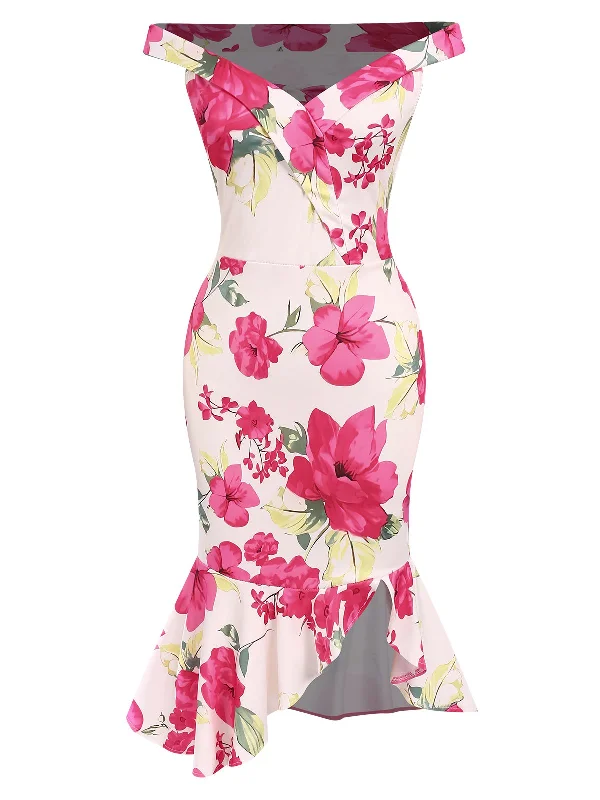 Pink 1930s Off-Shoulder Floral Mermaid Dress