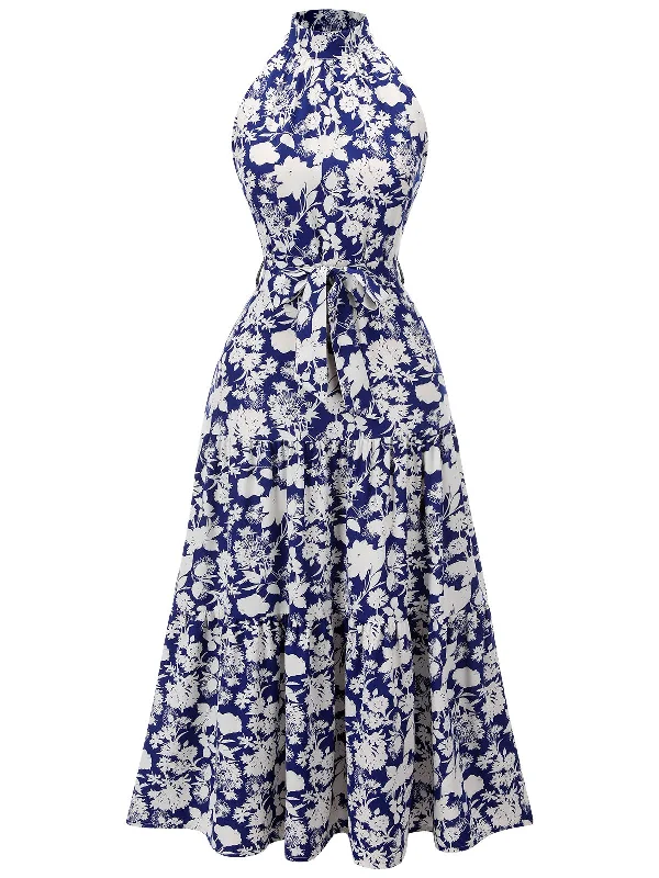 Blue 1930s Stand Collar Floral Dress