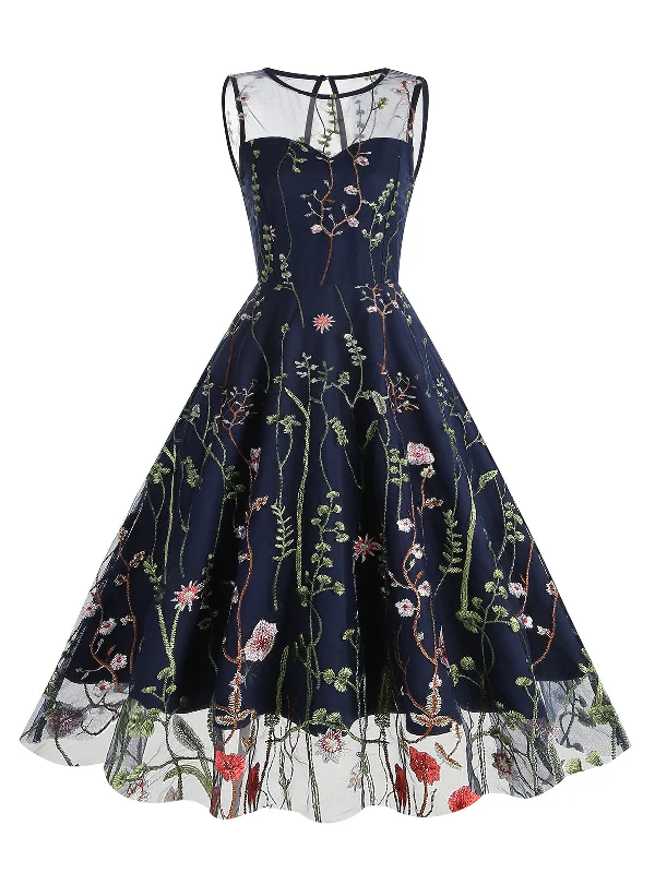 1950s Flower Gauze Sleeveless Swing Dress