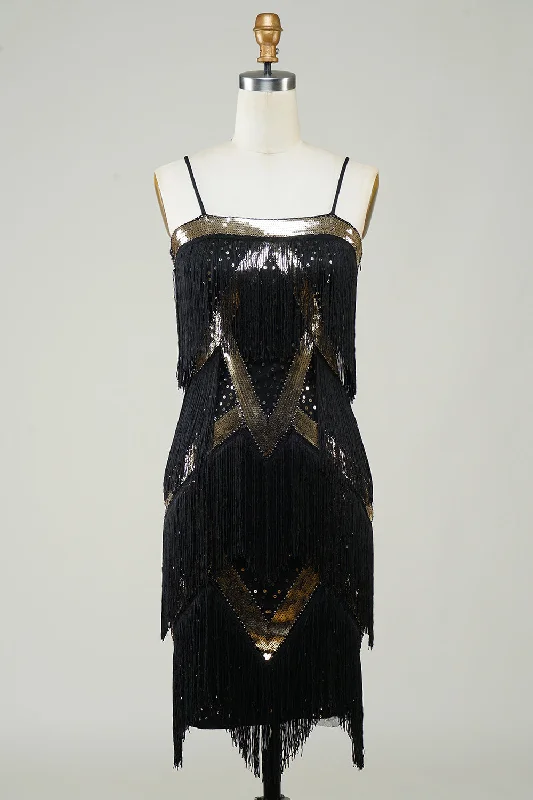 Black Spaghetti Straps Sequins 1920s Dress with Fringes