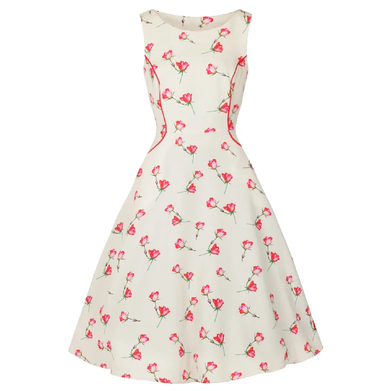 Off White Red Vintage Summer Rose Print Audrey Swing Dress