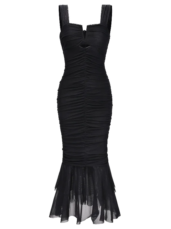 1930s Solid Pleated Wide Strap Fishtail Dress
