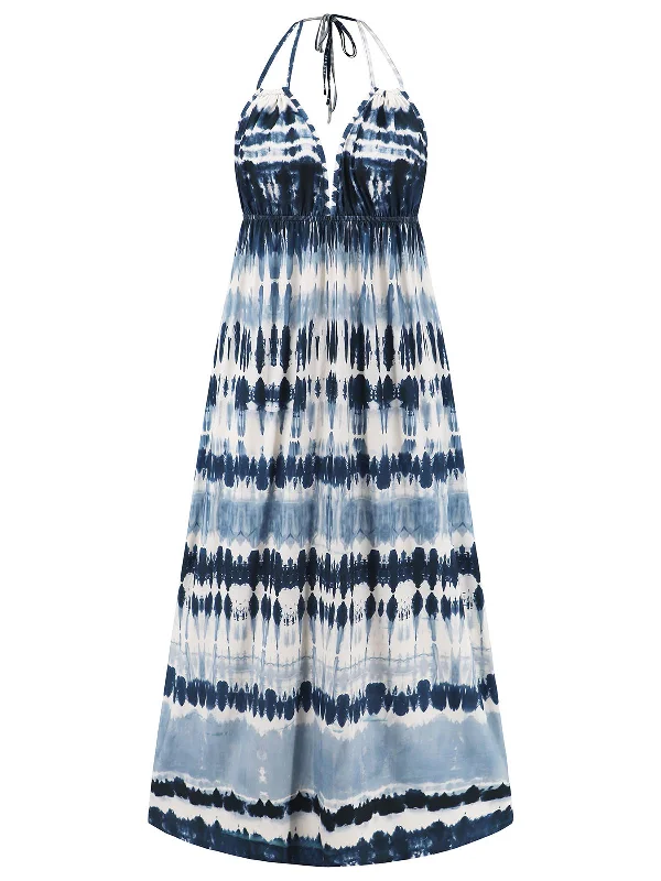 Blue 1940s Backless Tie Dye Long Dress