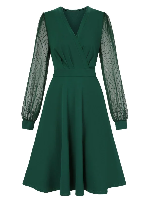 1940s V-Neck Solid Polka Dots Patchwork Dress