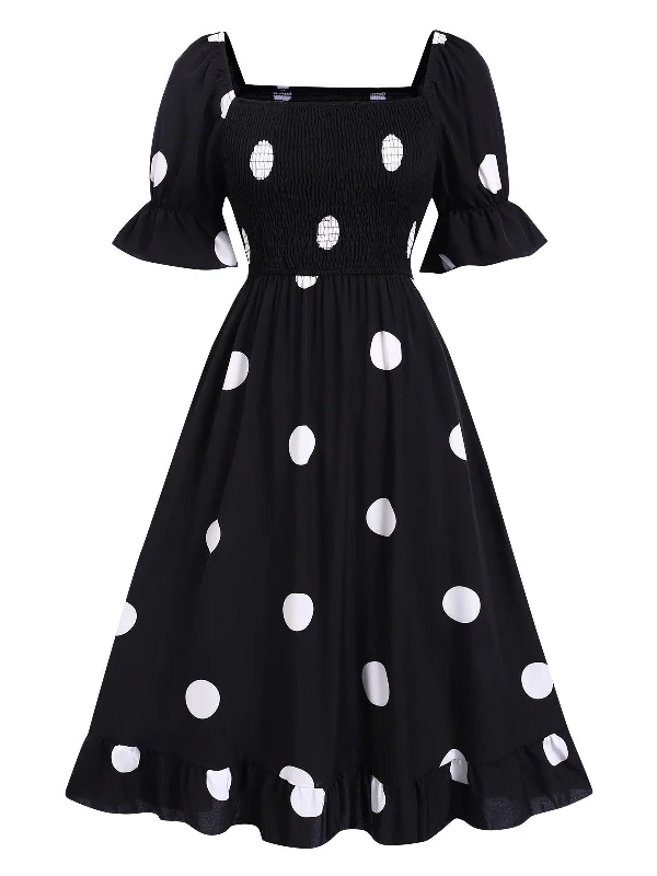 Black 1940s Ruffle Cuffs Polka Dots Smocked Dress