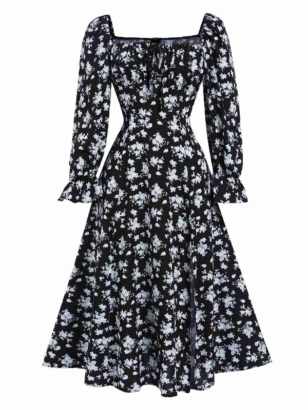 1940s Drawstring Slit Square Neck Floral Dress