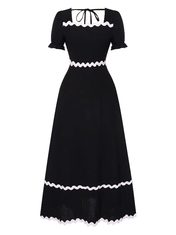 Black 1930s Square Neck Lace-Up Puff Sleeve Dress