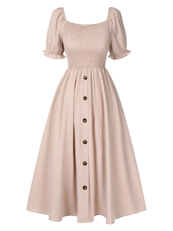 Beige 1940s Square Neck Puff Sleeve Button Smocked Dress