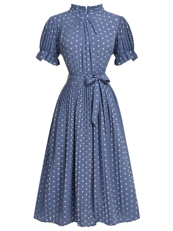 Blue 1930s Polka Dots Bow Tie Pleated Dress