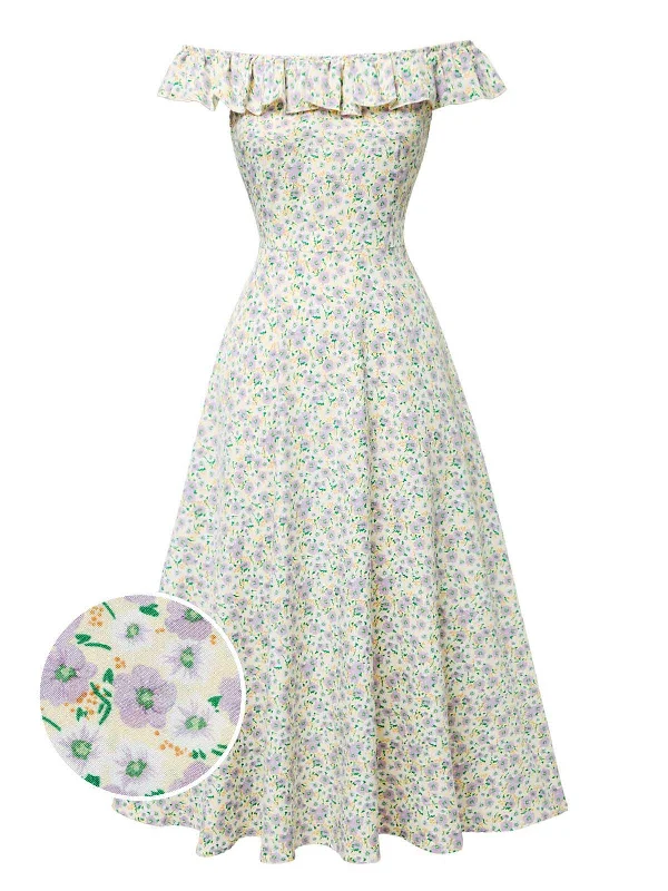Multicolor 1930s Ruffled Off-Shoulder Ditsy Floral Dress