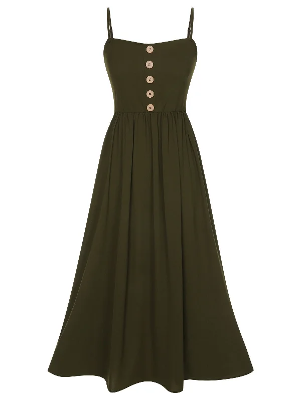 Dark Green 1940s Solid Button Sling Dress