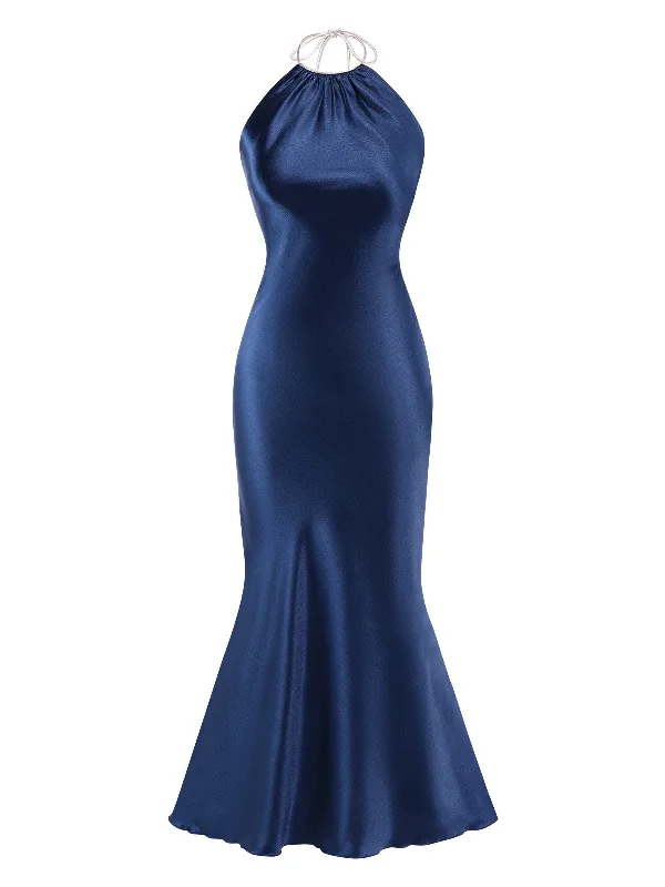 Dark Blue 1930s Satin Halter Mermaid Dress