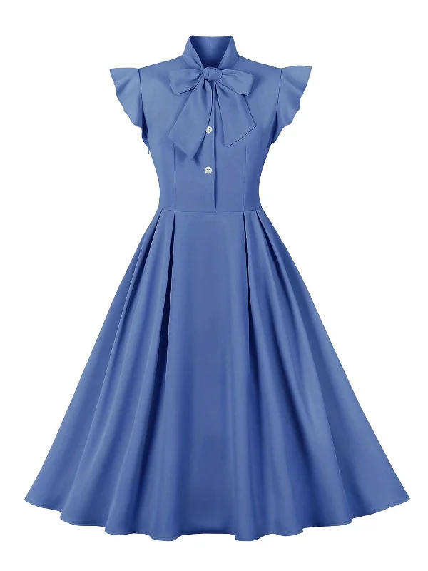 1950s Solid Ruffle Sleeve Bow Neck Dress
