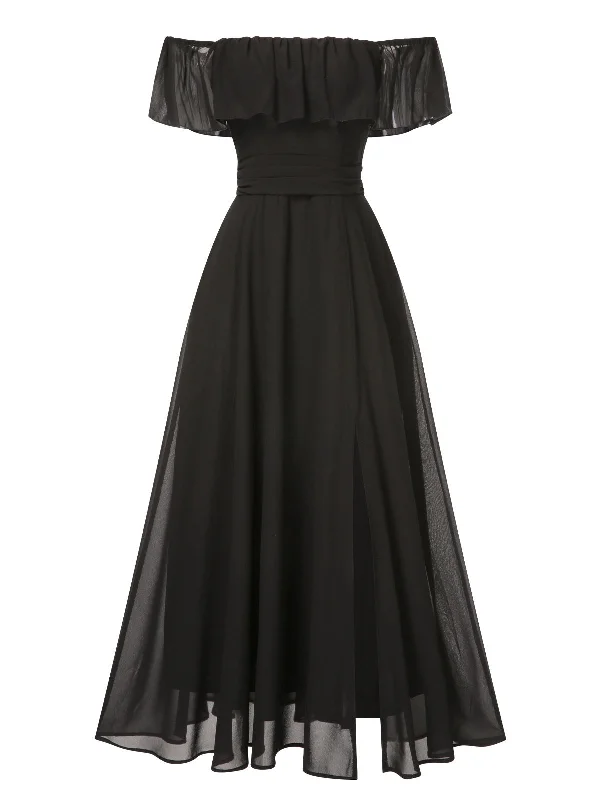 1930s Solid Roll Collar Off Shoulder Slit Dress