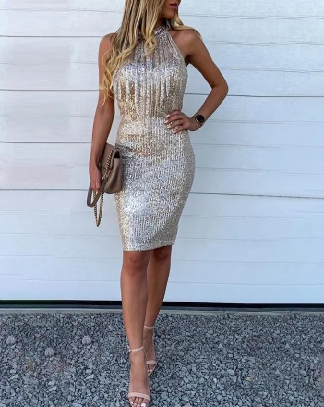Sequins Sleeveless Halter Tassel Design Bodycon Party Evening Dress