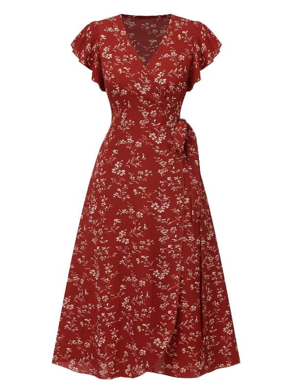 Wine Red 1940s V-Neck Floral Slit Dress