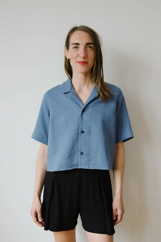 cropped cotton bowling shirt - stone blue Classic Casual Short Sleeve