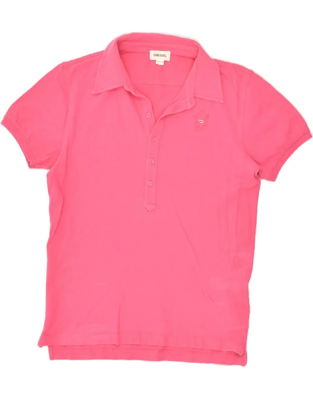 DIESEL Womens Polo Shirt UK 14 Medium Pink Cotton Chic V-Neck Short Blouse