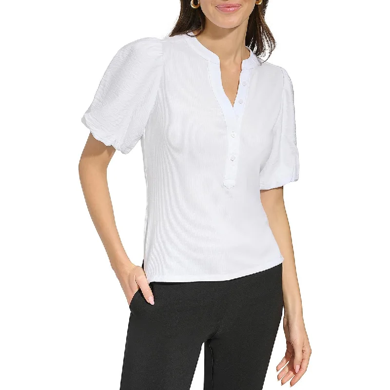 DKNY Womens Puff Sleeve Shirt Henley Stylish Round Neck Shirt