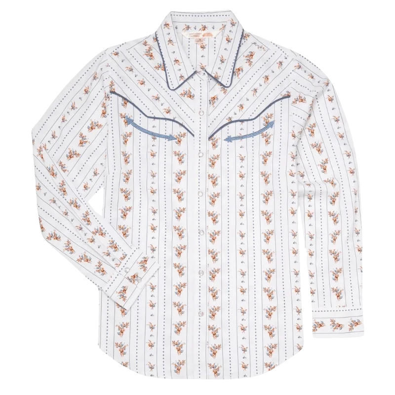 Ely Cattleman Women's Stripe Print Long Sleeve Western Snap Shirt 324980-WH Casual Ruffle Short Shirt