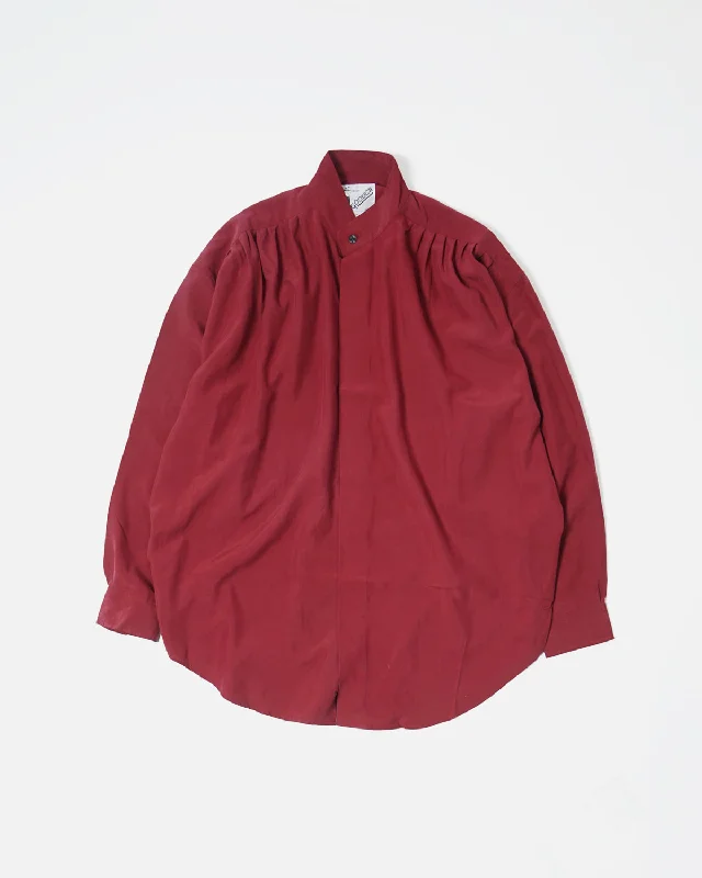 Gathered Silk Shirt / Burgundy Trendy Turtleneck Short Shirt