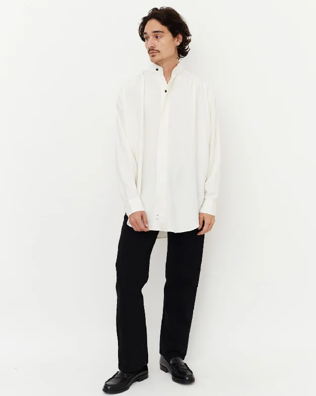 Gathered Silk Shirt / White Elegant Silk Short Shirt