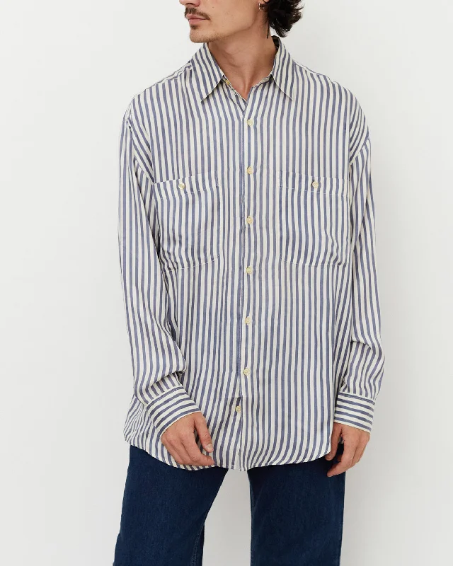 Stripe Silk Shirt / Blue Classic Basic Short Shirt