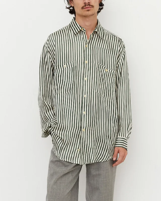 Stripe Silk Shirt / Green Elegant Button-Down Short Shirt