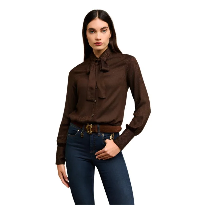 Holland Cooper Heritage Ladies Shirt - Tobacco Herringbone Elegant High-Low Short Shirt